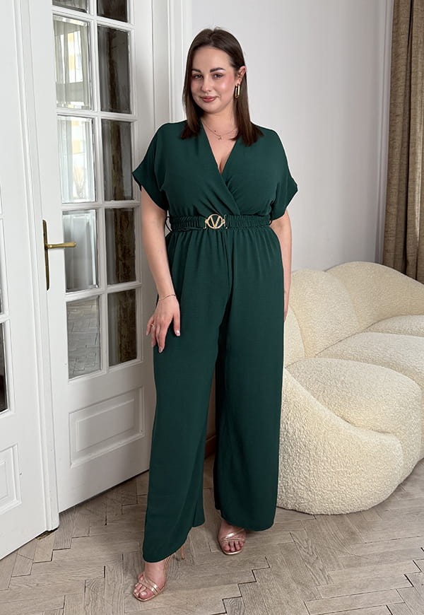 VALENCIA KOMBINEZON POWIĘKSZONY PLUS SIZE Z PASKIEM I DŁUGIMI NOGAWKAMI. BUTELKOWA ZIELEŃ 03