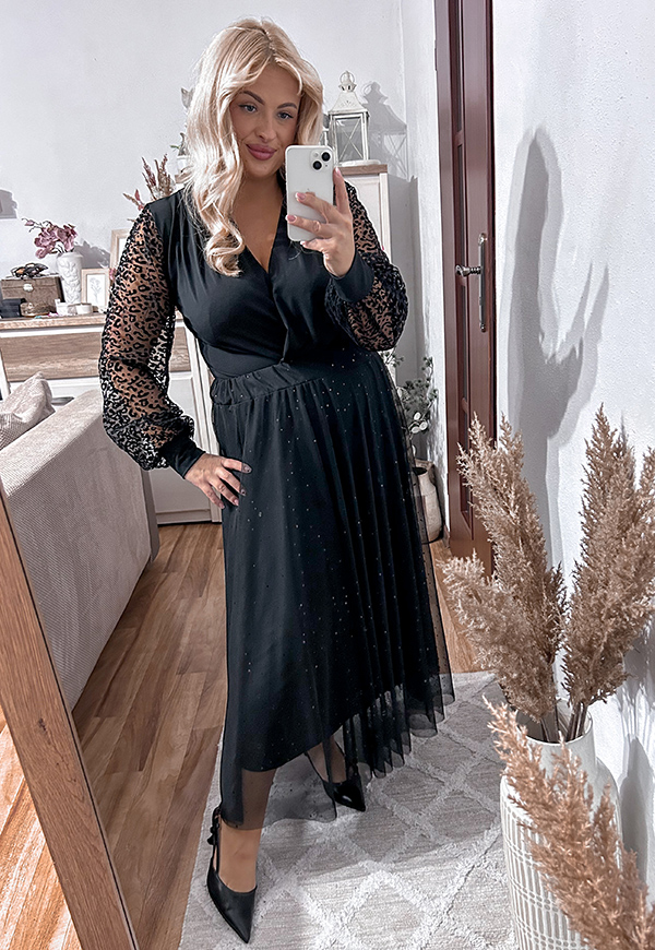 DOTTY TIULOWA SPÓDNICA MIDI PLUS SIZE Z OZDOBNYMI CEKINAMI. CZARNA 02 - włoski zdjęcie 1