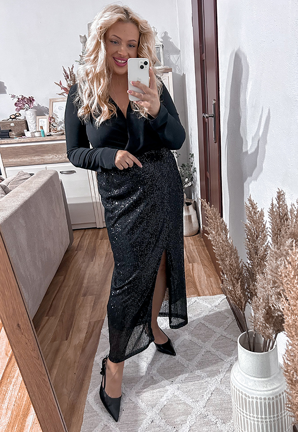 CINDI MAXI DŁUGA SPÓDNICA CEKINOWA PLUS SIZE. CZARNA 03 - włoski zdjęcie 1