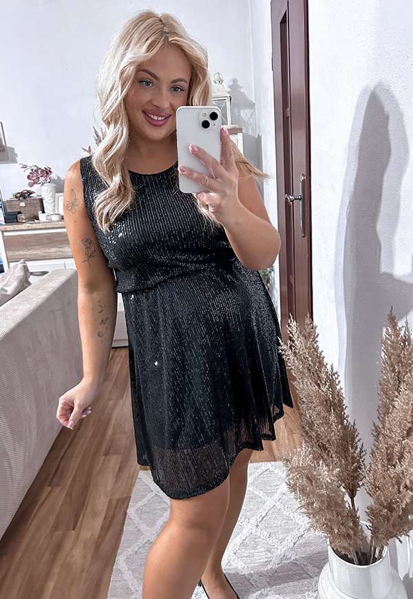 MARIKA SUKIENKA MINI PLUS SIZE PRZED KOLANO CEKINOWA. CZARNA 04 - włoski zdjęcie 1