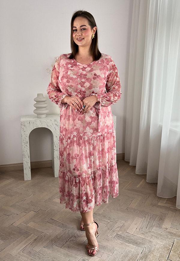 MIRABELL SUKIENKA Z OKRĄGŁYM DEKOLTEM PLUS SIZE MIDI W KWIATY. RÓŻOWA 07 - włoski zdjęcie 4