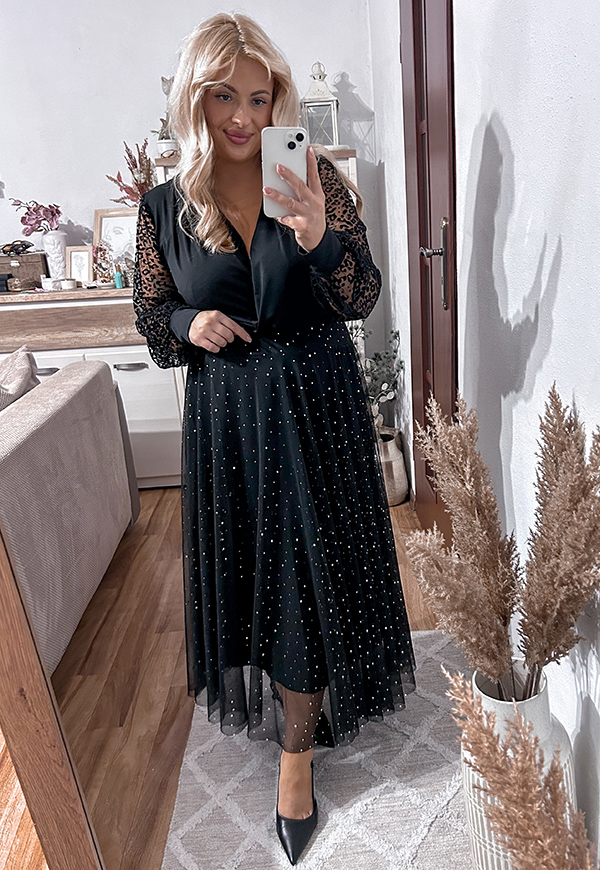 DOTTY TIULOWA SPÓDNICA MIDI PLUS SIZE Z OZDOBNYMI CEKINAMI. CZARNO/ZŁOTA 01 - włoski zdjęcie 2