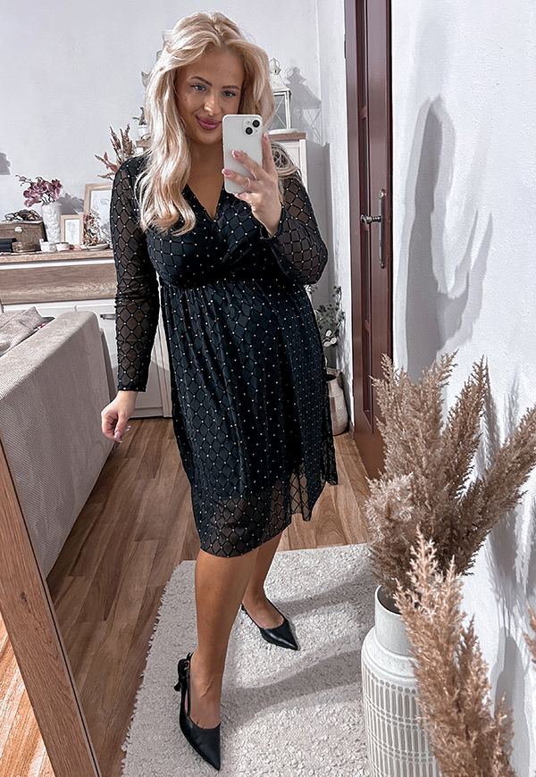 SCARLETT SUKIENKA PLUS SIZE PRZED KOLANO Z SIATECZKI BŁYSZCZĄCA WE WZORY. CZARNA 03 - włoski zdjęcie 1