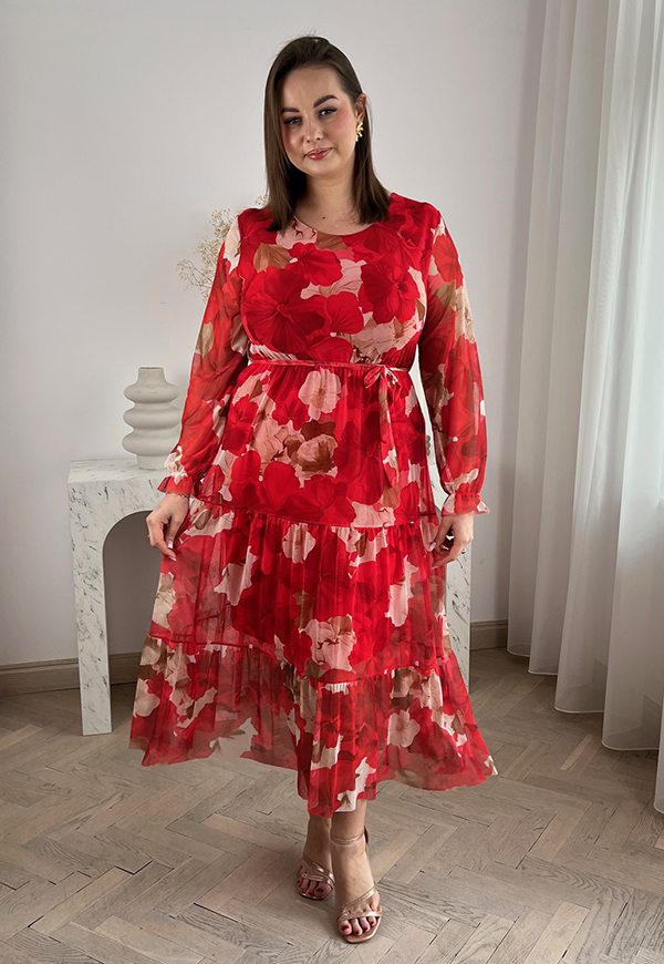 MIRABELL SUKIENKA Z OKRĄGŁYM DEKOLTEM PLUS SIZE MIDI W KWIATY. CZERWONO/BEŻOWA 08 - włoski zdjęcie 1