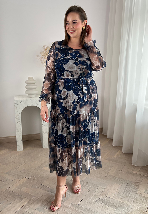 MIRABELL SUKIENKA Z OKRĄGŁYM DEKOLTEM PLUS SIZE MIDI W KWIATY. GRANATOWA RÓŻA AKWARELA 09 - włoski zdjęcie 4