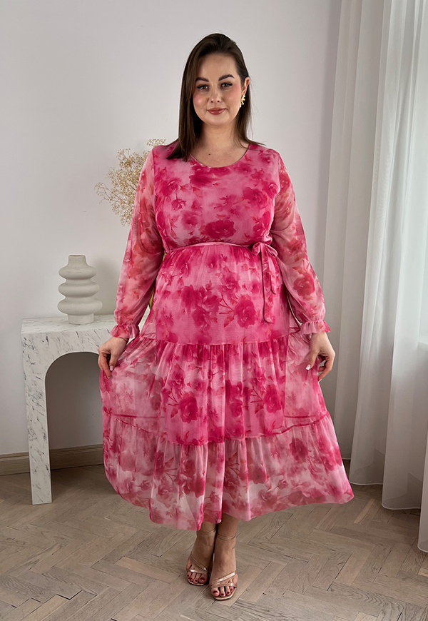 MIRABELL SUKIENKA Z OKRĄGŁYM DEKOLTEM PLUS SIZE MIDI W KWIATY. RÓŻ/FUKCJA 01 - włoski zdjęcie 1