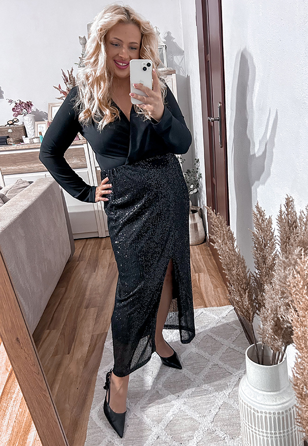 CINDI MAXI DŁUGA SPÓDNICA CEKINOWA PLUS SIZE. CZARNA 03 - włoski zdjęcie 2