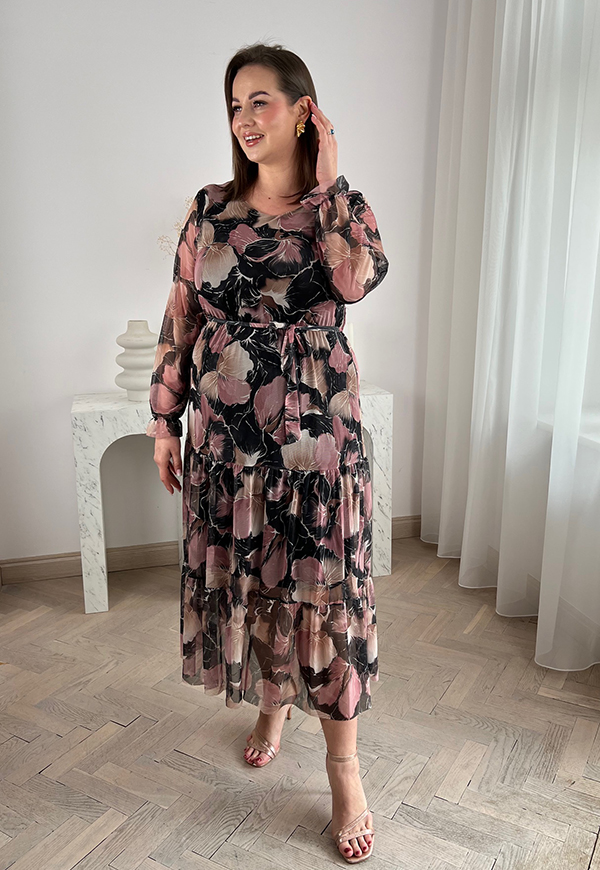 MIRABELL SUKIENKA Z OKRĄGŁYM DEKOLTEM PLUS SIZE MIDI W KWIATY. CZARNO/PUDROWA 02 - włoski zdjęcie 3