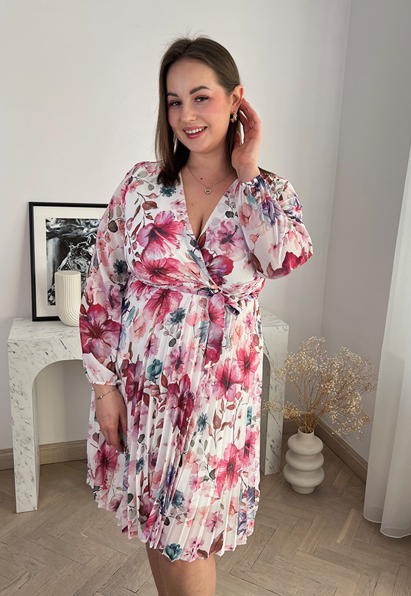 AMBER SPRING SUKIENKA PLUS SIZE PLISOWANA W KWIATY. BIAŁA HIBISKUS - włoski zdjęcie 2