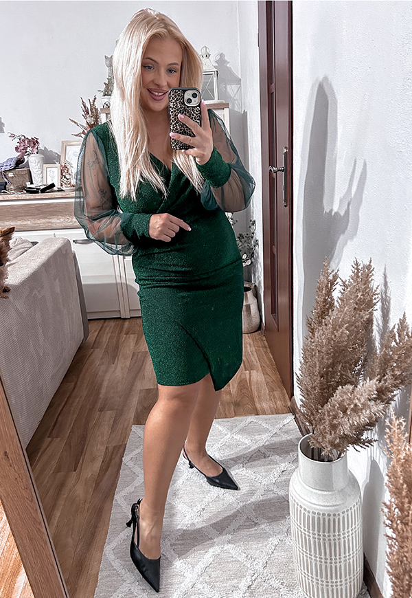 VANESSA BŁYSZCZĄCA SUKIENKA PLUS SIZE PRZED KOLANO. BUTELKOWA ZIELEŃ 03 - włoski zdjęcie 3