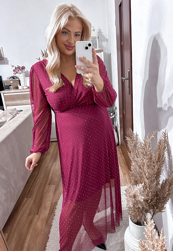 LEAL MAXI SUKIENKA DŁUGA PLUS SIZE Z SIATECZKI BŁYSZCZĄCA. BORDOWA 03 - włoski zdjęcie 3