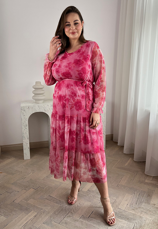 MIRABELL SUKIENKA Z OKRĄGŁYM DEKOLTEM PLUS SIZE MIDI W KWIATY. RÓŻ/FUKCJA 01 - włoski zdjęcie 4