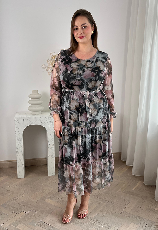 MIRABELL SUKIENKA Z OKRĄGŁYM DEKOLTEM PLUS SIZE MIDI W KWIATY. CZARNO/LILA 10 - włoski zdjęcie 1