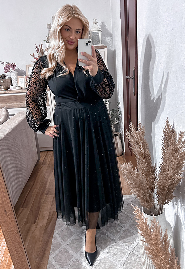 DOTTY TIULOWA SPÓDNICA MIDI PLUS SIZE Z OZDOBNYMI CEKINAMI. CZARNA 02 - włoski zdjęcie 2