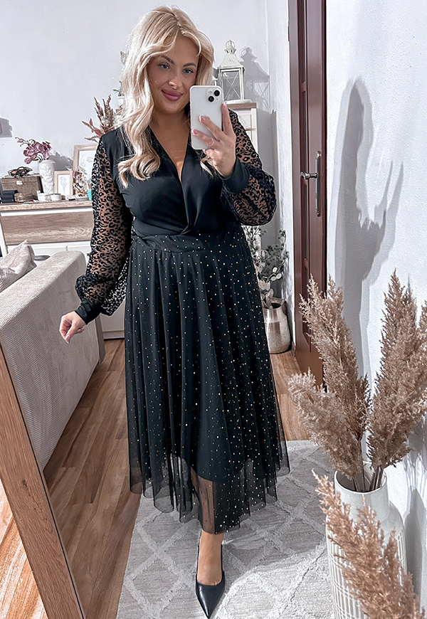 DOTTY TIULOWA SPÓDNICA MIDI PLUS SIZE Z OZDOBNYMI CEKINAMI. CZARNO/SREBRNA 03 - włoski zdjęcie 3