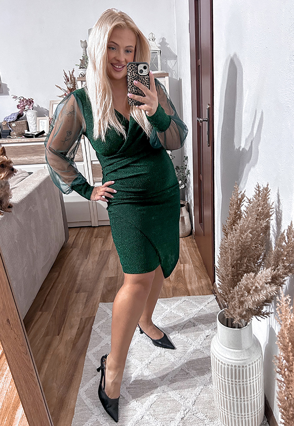 VANESSA BŁYSZCZĄCA SUKIENKA PLUS SIZE PRZED KOLANO. BUTELKOWA ZIELEŃ 03 - włoski zdjęcie 4