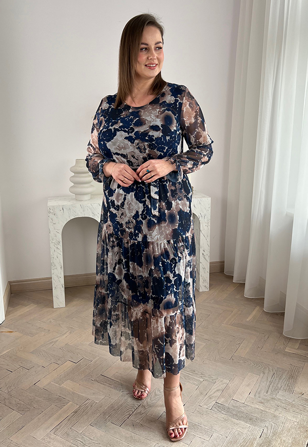 MIRABELL SUKIENKA Z OKRĄGŁYM DEKOLTEM PLUS SIZE MIDI W KWIATY. GRANATOWA RÓŻA AKWARELA 09 - włoski zdjęcie 3