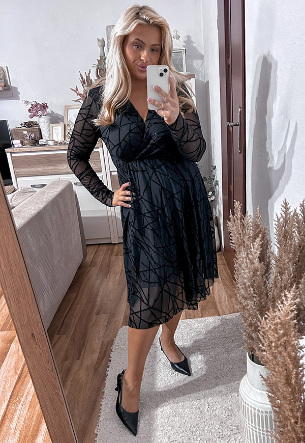 ROSALIA SUKIENKA PLUS SIZE PRZED KOLANO Z SIATECZKI BŁYSZCZĄCA WE WZORY. CZARNA 01 - włoski zdjęcie 1