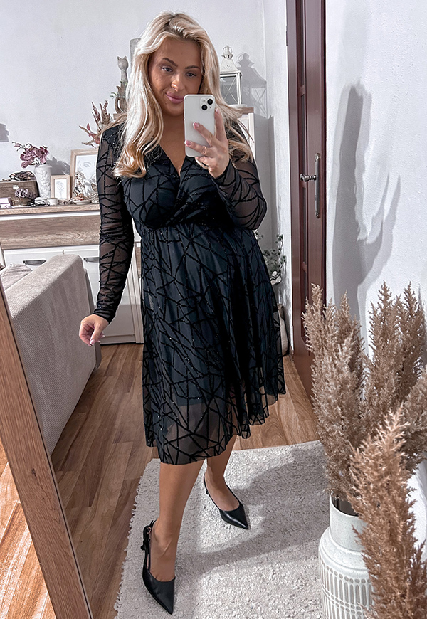 ROSALIA SUKIENKA PLUS SIZE PRZED KOLANO Z SIATECZKI BŁYSZCZĄCA WE WZORY. CZARNA 01 - włoski zdjęcie 2