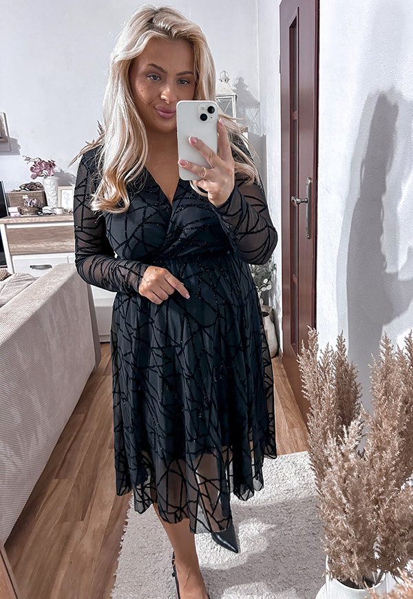 ROSALIA SUKIENKA PLUS SIZE PRZED KOLANO Z SIATECZKI BŁYSZCZĄCA WE WZORY. CZARNA 01 - włoski zdjęcie 3