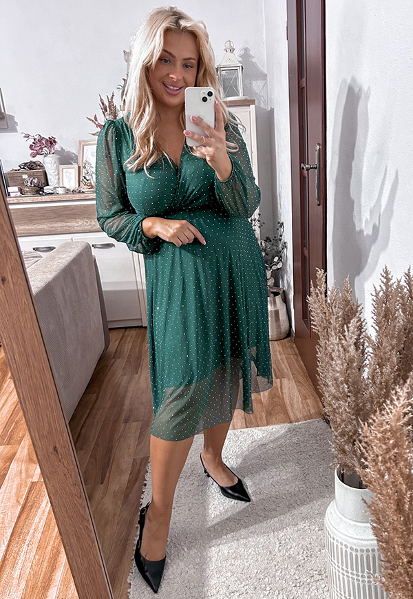 LEAL SUKIENKA PLUS SIZE PRZED KOLANO Z SIATECZKI BŁYSZCZĄCA. BUTELKOWA ZIELEŃ 01 - włoski zdjęcie 1