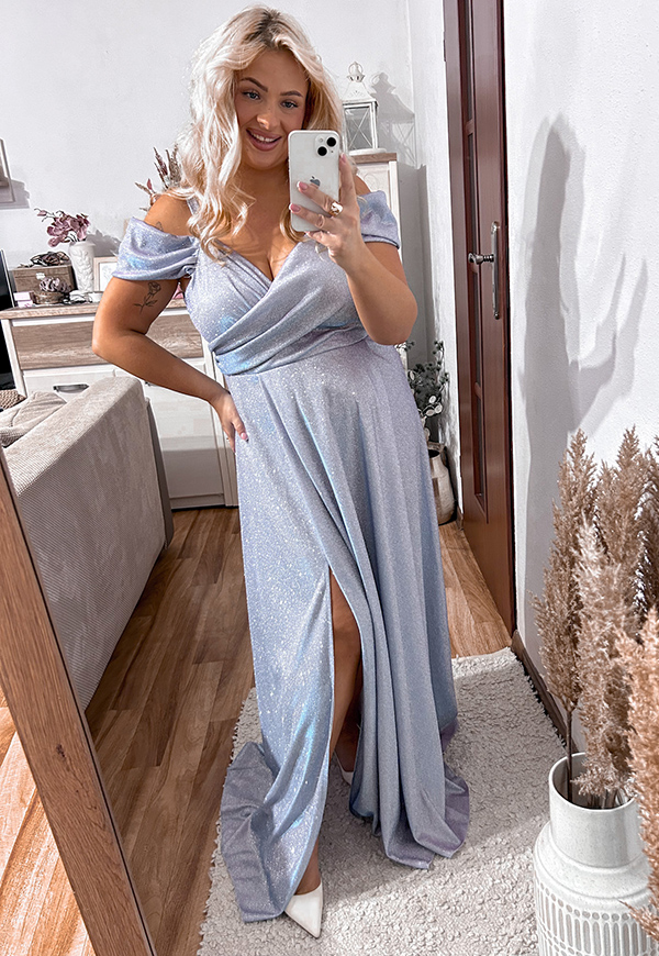 VIKTORIA SHINE MAXI SUKIENKA BŁYSZCZĄCA DŁUGA Z OZDOBNYMI RAMIĄCZKAMI PLUS SIZE. LODOWY BŁĘKIT - produkt polski zdjęcie 1