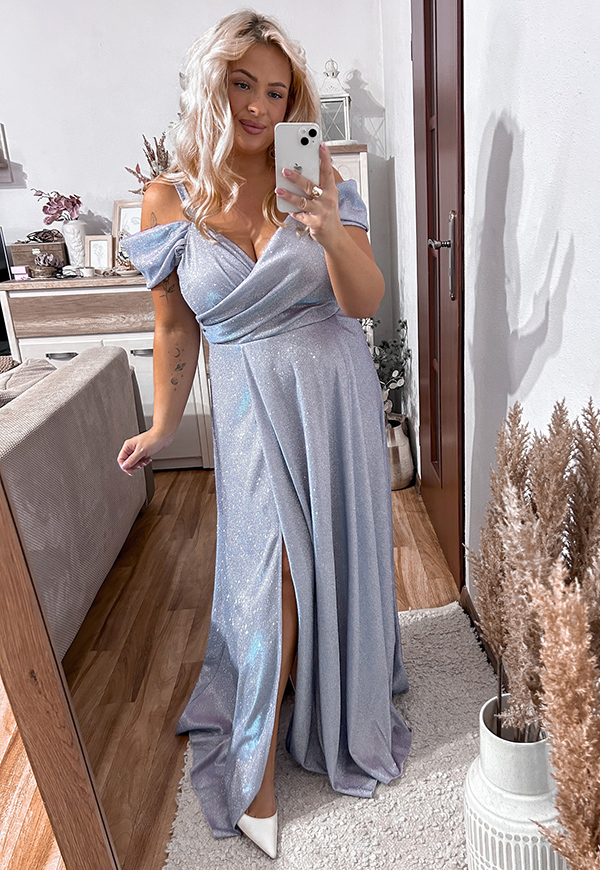 VIKTORIA SHINE MAXI SUKIENKA BŁYSZCZĄCA DŁUGA Z OZDOBNYMI RAMIĄCZKAMI PLUS SIZE. LODOWY BŁĘKIT - produkt polski zdjęcie 2