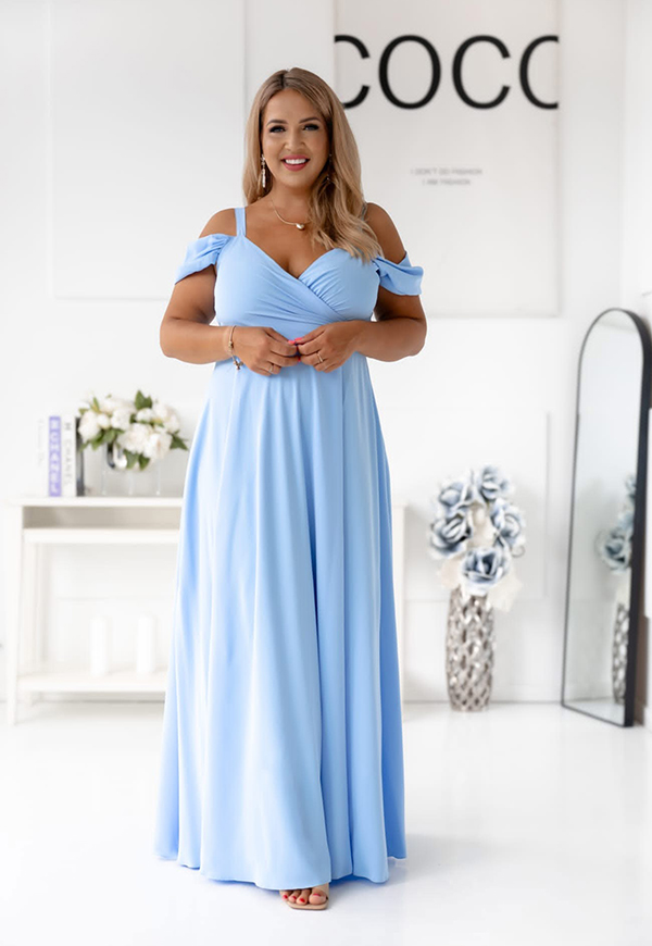 VIKTORIA MAXI SUKIENKA DŁUGA Z OZDOBNYMI RAMIĄCZKAMI PLUS SIZE. BŁĘKITNA - produkt polski zdjęcie 1