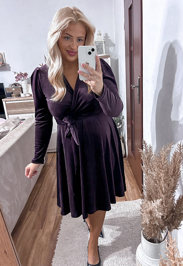 SAMANTA WELUROWA SUKIENKA PLUS SIZE Z BUFKAMI. CIEMNA ŚLIWKA 01 - włoski zdjęcie 3