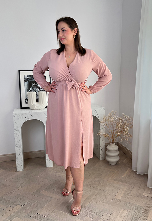 LISBONA DŁUGI RĘKAW  SUKIENKA PLUS SIZE KOPERTOWA MIDI. PUDROWY RÓŻ 10 - włoski zdjęcie 2