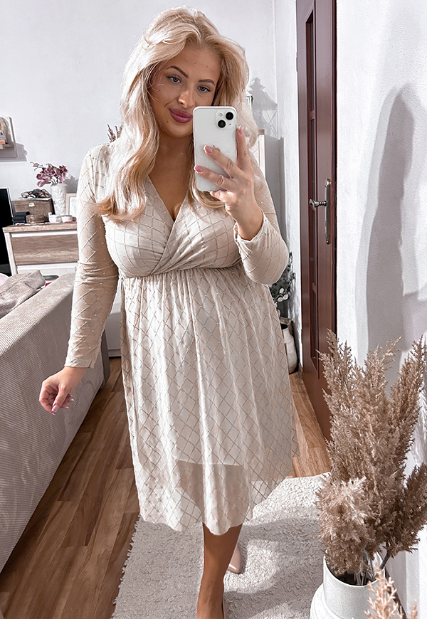 SCARLETT SUKIENKA PLUS SIZE PRZED KOLANO Z SIATECZKI BŁYSZCZĄCA WE WZORY. BEŻ0WA 01 - włoski zdjęcie 2