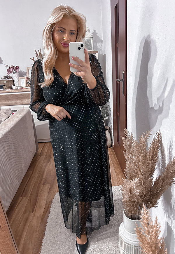 LEAL MAXI SUKIENKA DŁUGA PLUS SIZE Z SIATECZKI BŁYSZCZĄCA. CZARNA 02 - włoski zdjęcie 3