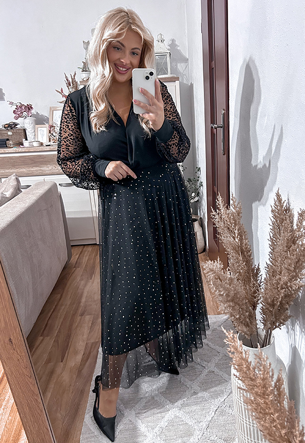 DOTTY TIULOWA SPÓDNICA MIDI PLUS SIZE Z OZDOBNYMI CEKINAMI. CZARNO/ZŁOTA 01 - włoski zdjęcie 3