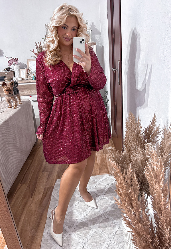 CELINA SUKIENKA CEKINOWA PLUS SIZE PRZED KOLANO Z CEKIN. BORDOWA 05 - włoski zdjęcie 2