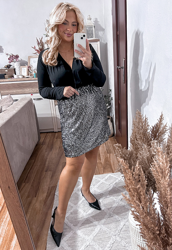 CINDI SPÓDNICA CEKINOWA MINI PLUS SIZE. SREBRNA 02 - włoski zdjęcie 3