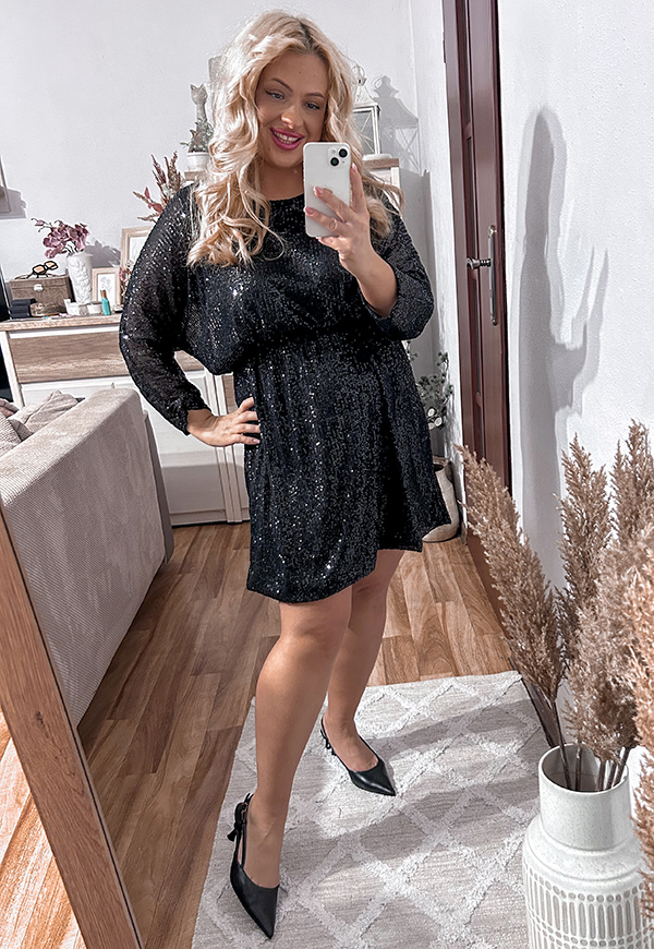 CAMILLA CEKINOWA SUKIENKA PLUS SIZE PRZED KOLANO. CZARNA 02 - włoski zdjęcie 4