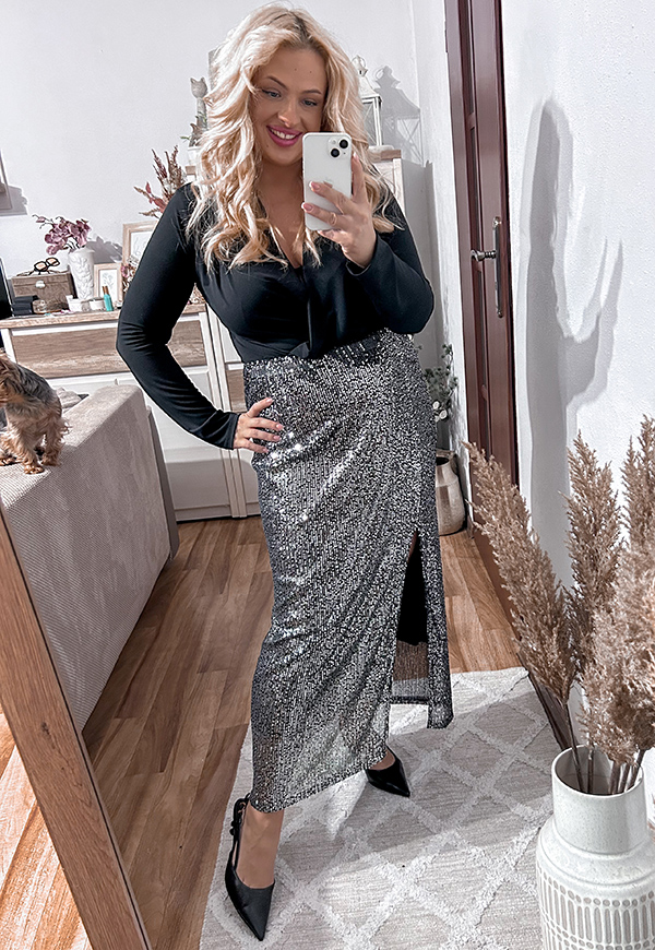 CINDI MAXI DŁUGA SPÓDNICA CEKINOWA PLUS SIZE. CIEMNE SREBRO 04 - włoski zdjęcie 1