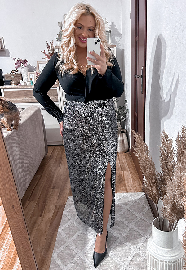 CINDI MAXI DŁUGA SPÓDNICA CEKINOWA PLUS SIZE. CIEMNE SREBRO 04 - włoski zdjęcie 3