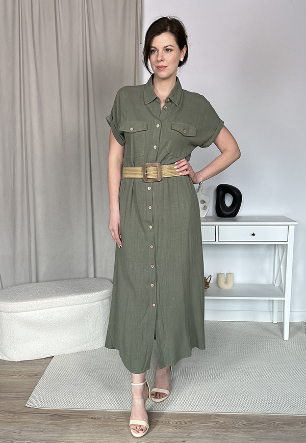 HAVANA DŁUGA SUKIENKA  SZMIZJERKA W STYLU SAFARI Z PASKIEM. KHAKI 03 zdjęcie 1