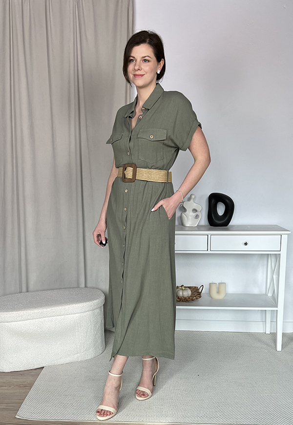 HAVANA DŁUGA SUKIENKA  SZMIZJERKA W STYLU SAFARI Z PASKIEM. KHAKI 03 zdjęcie 4
