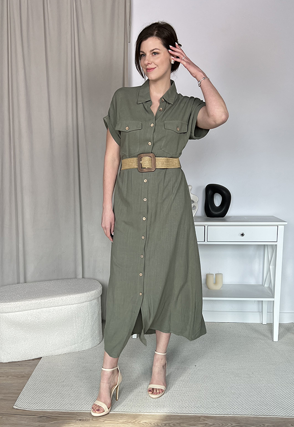 HAVANA DŁUGA SUKIENKA  SZMIZJERKA W STYLU SAFARI Z PASKIEM. KHAKI 03 zdjęcie 2