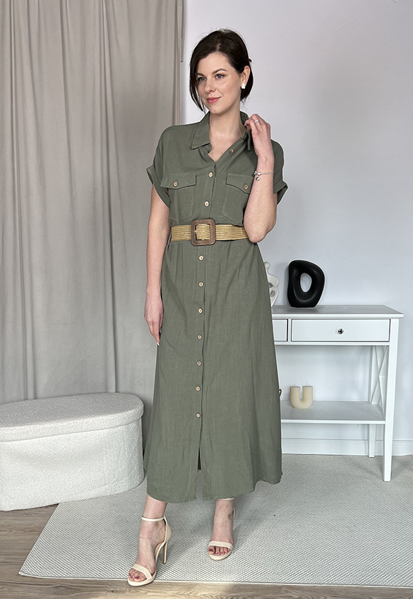 HAVANA DŁUGA SUKIENKA  SZMIZJERKA W STYLU SAFARI Z PASKIEM. KHAKI 03 zdjęcie 3