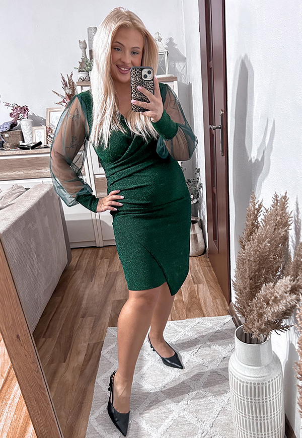 VANESSA BŁYSZCZĄCA SUKIENKA PLUS SIZE PRZED KOLANO. BUTELKOWA ZIELEŃ 03 - włoski zdjęcie 1