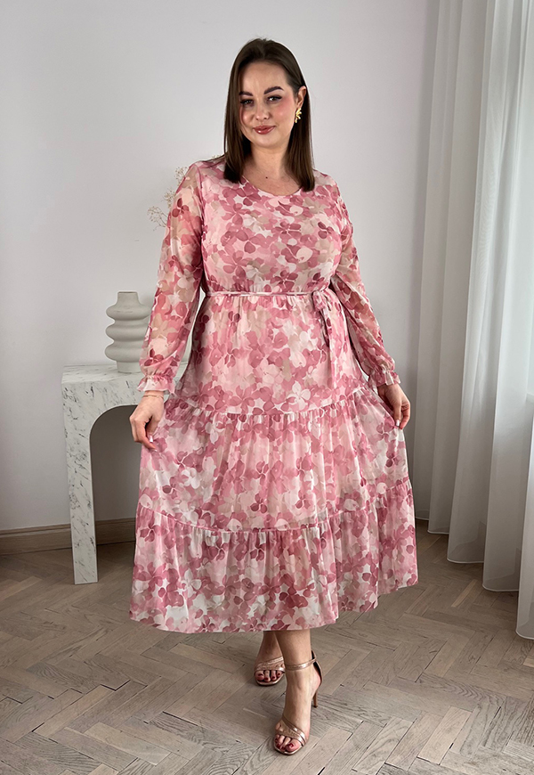 MIRABELL SUKIENKA Z OKRĄGŁYM DEKOLTEM PLUS SIZE MIDI W KWIATY. RÓŻOWA 07 - włoski zdjęcie 1