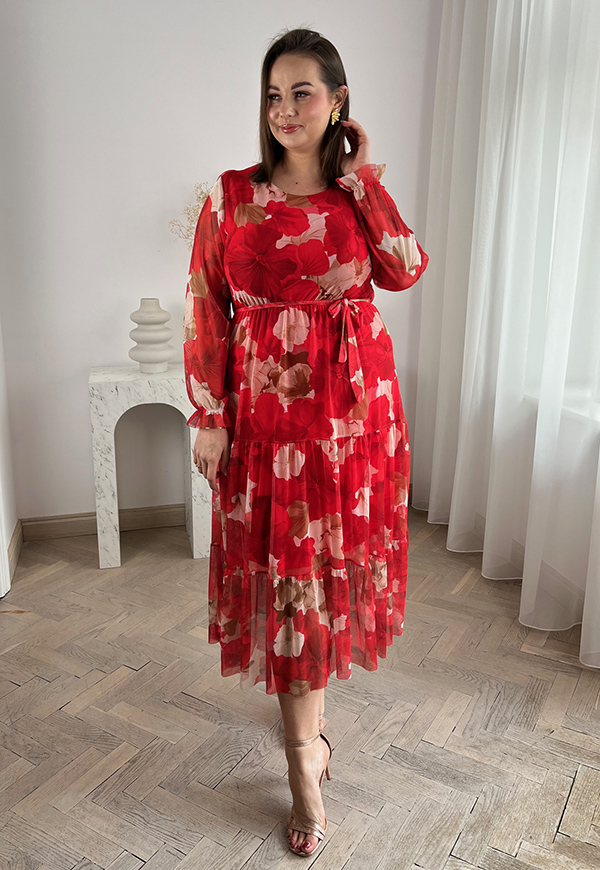 MIRABELL SUKIENKA Z OKRĄGŁYM DEKOLTEM PLUS SIZE MIDI W KWIATY. CZERWONO/BEŻOWA 08 - włoski zdjęcie 2