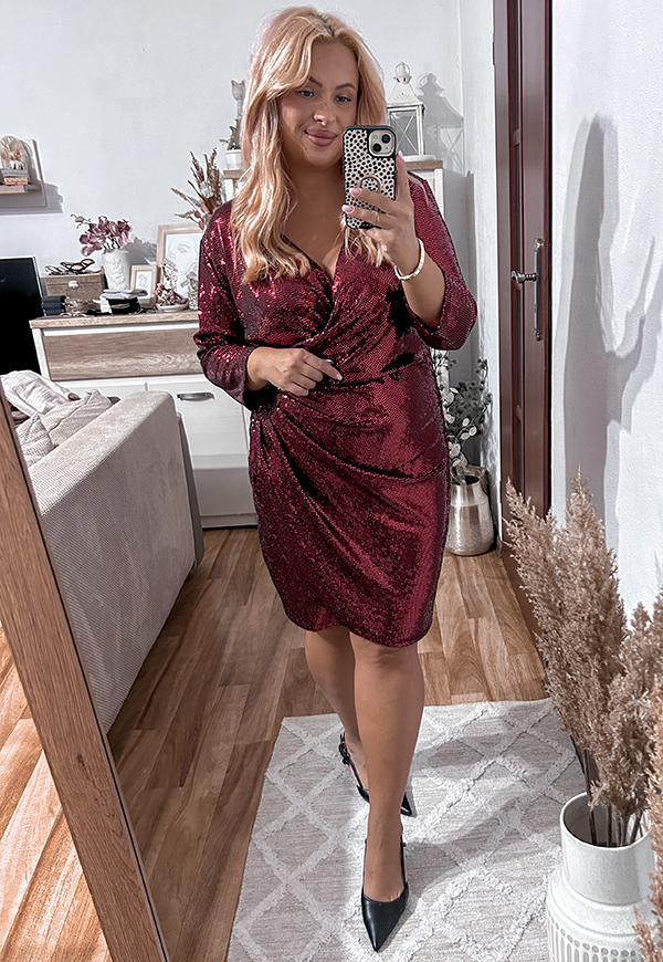 GLOSSY- SUKIENKA PLUS SIZE PRZED KOLANO Z CEKIN.  BORDOWA 08 - włoski zdjęcie 2