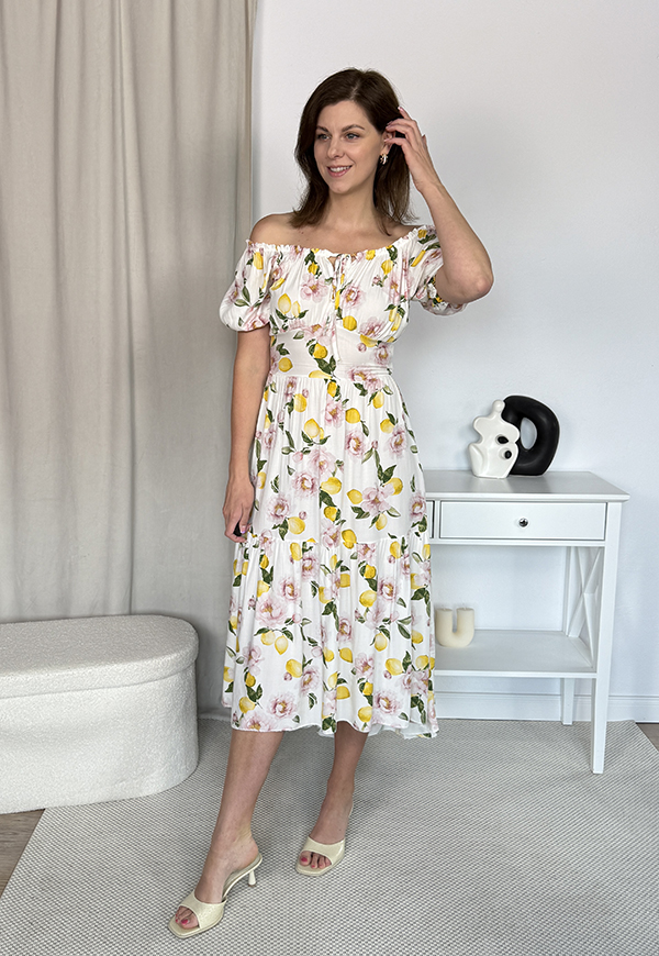 REBECA WISKOZA SUKIENKA HISZPANKA PLUS SIZE MIDI Z ROZCIĘCIEM W CYTRYNY. BIAŁO/ŻÓŁTA 01 - włoski zdjęcie 1