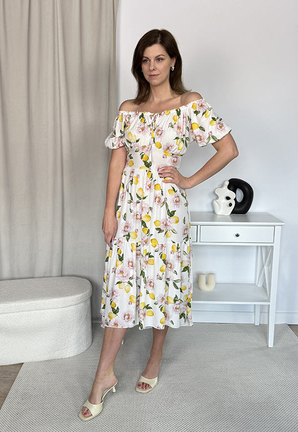 REBECA WISKOZA SUKIENKA HISZPANKA PLUS SIZE MIDI Z ROZCIĘCIEM W CYTRYNY. BIAŁO/ŻÓŁTA 01 - włoski zdjęcie 2