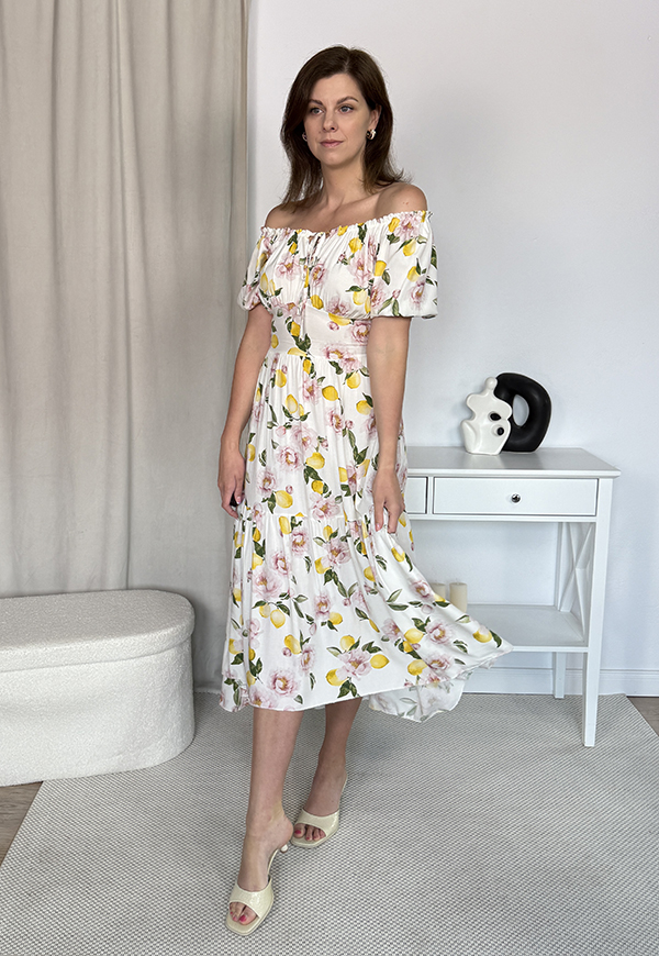 REBECA WISKOZA SUKIENKA HISZPANKA PLUS SIZE MIDI Z ROZCIĘCIEM W CYTRYNY. BIAŁO/ŻÓŁTA 01 - włoski zdjęcie 3