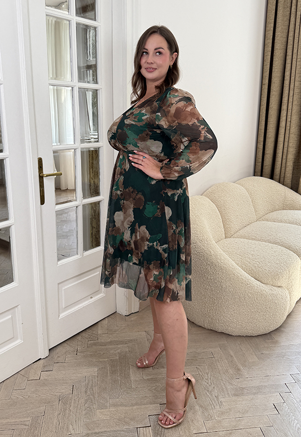 ZELDA SUKIENKA PLUS SIZE PRZED KOLANO Z SIATECZKI W KWIATY. ZIELONA/CAMELOWA 02 - włoski zdjęcie 4